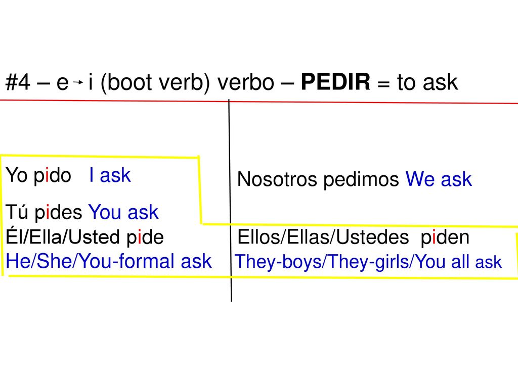 #4 – e i (boot verb) verbo – PEDIR = to ask