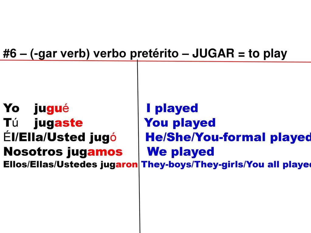 #6 – (-gar verb) verbo pretérito – JUGAR = to play