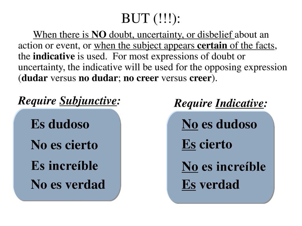 BUT (!!!): Es dudoso No es dudoso No es cierto Es cierto Es increíble
