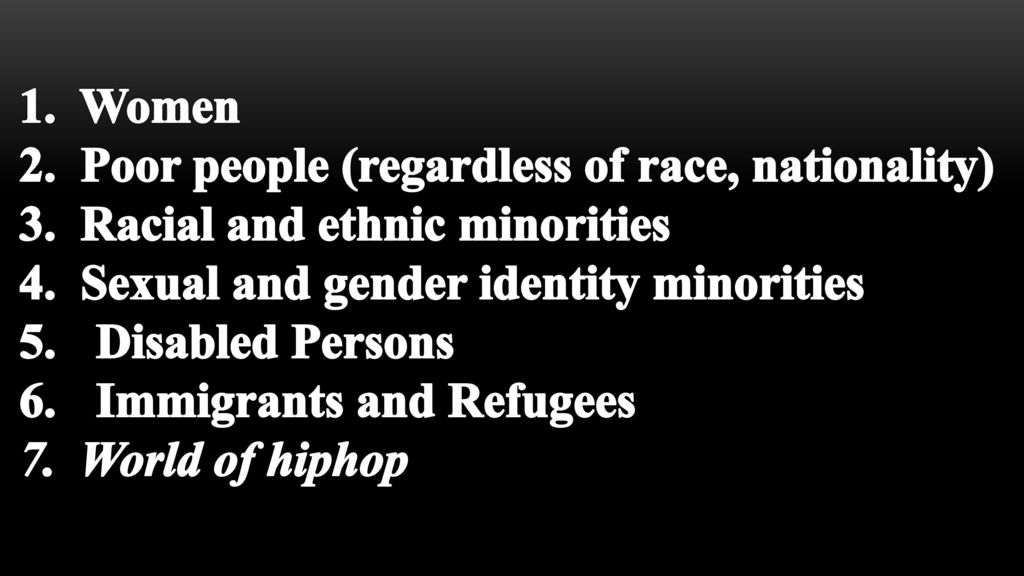 1. Women 2. Poor people (regardless of race, nationality) 3. Racial and ethnic minorities 4. Sexual and gender identity minorities