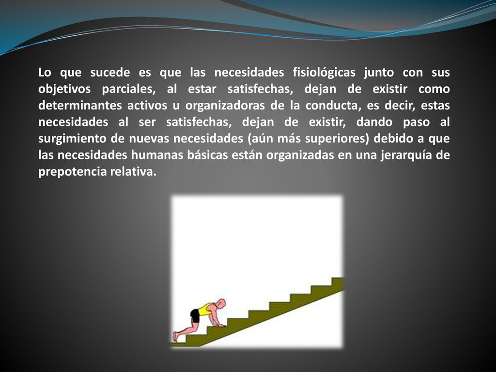 Lo que sucede es que las necesidades fisiológicas junto con sus objetivos parciales, al estar satisfechas, dejan de existir como determinantes activos u organizadoras de la conducta, es decir, estas necesidades al ser satisfechas, dejan de existir, dando paso al surgimiento de nuevas necesidades (aún más superiores) debido a que las necesidades humanas básicas están organizadas en una jerarquía de prepotencia relativa.