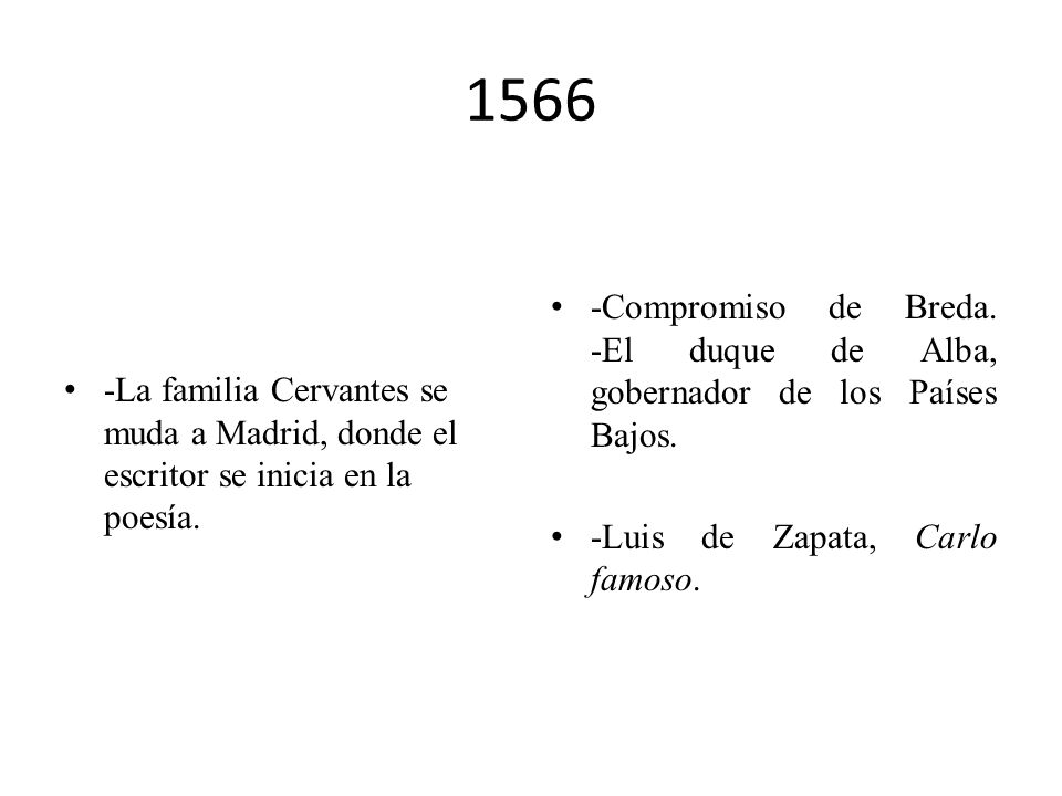 1566 -La familia Cervantes se muda a Madrid, donde el escritor se inicia en la poesía.