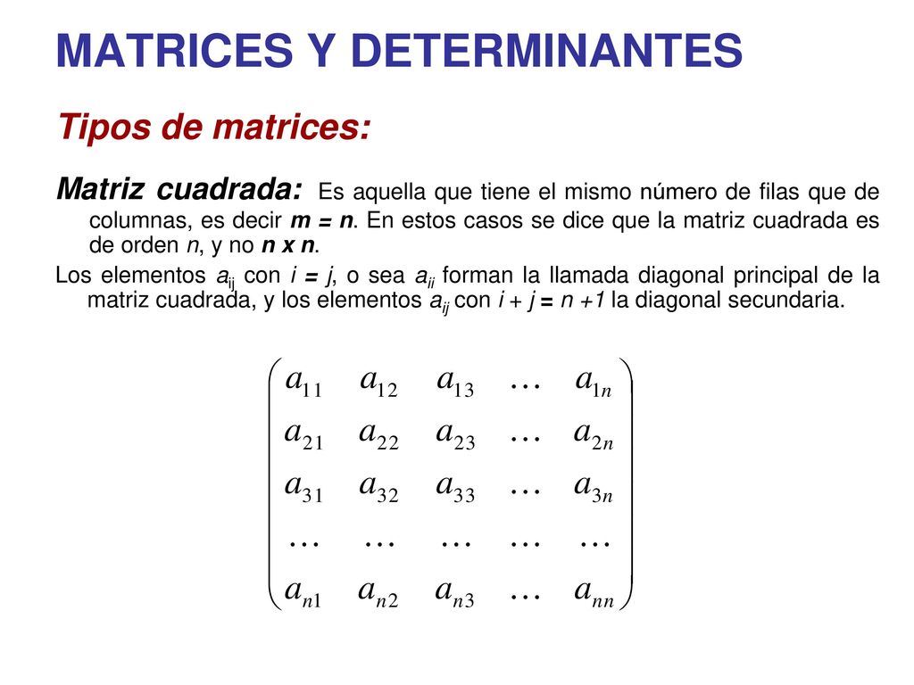 MATRICES Y DETERMINANTES Tipos de matrices: