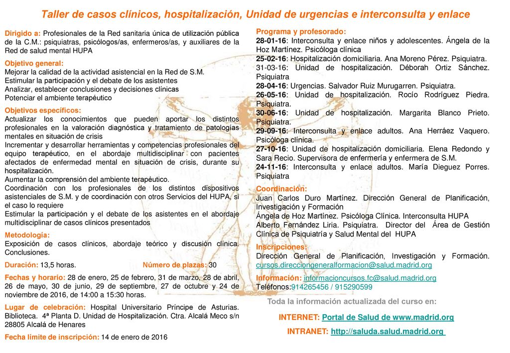 Taller de casos clínicos, hospitalización, Unidad de urgencias e interconsulta y enlace