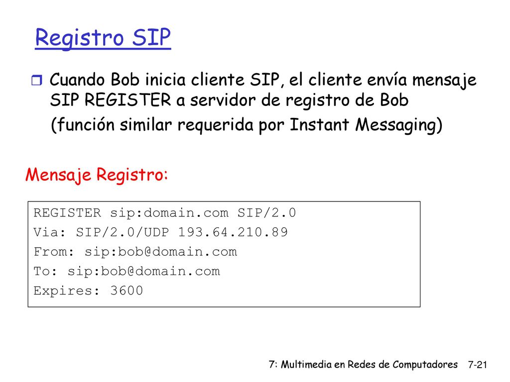 Registro SIP Cuando Bob inicia cliente SIP, el cliente envía mensaje SIP REGISTER a servidor de registro de Bob.