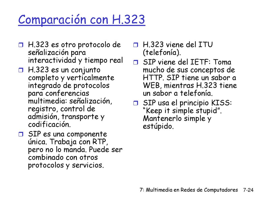 Comparación con H.323 H.323 es otro protocolo de señalización para interactividad y tiempo real.