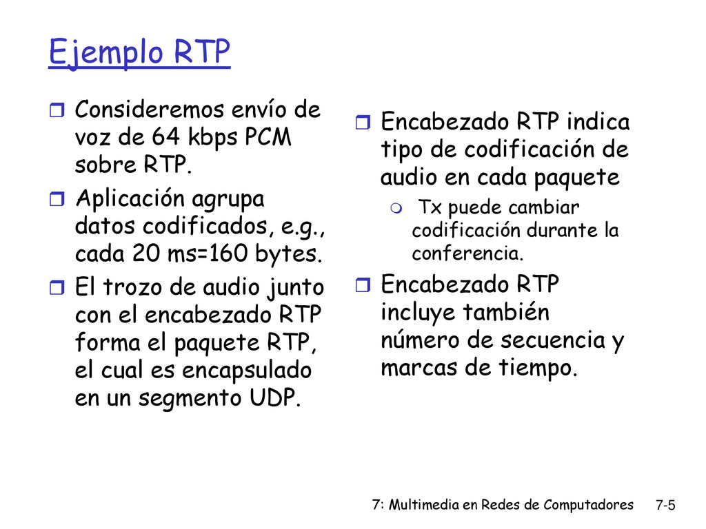 Ejemplo RTP Consideremos envío de voz de 64 kbps PCM sobre RTP.