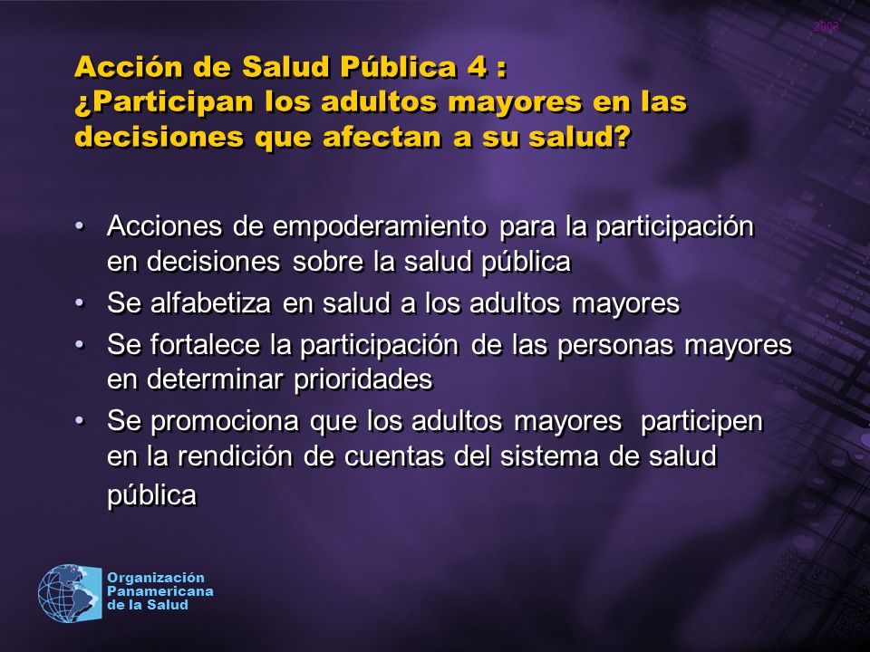Acción de Salud Pública 4 : ¿Participan los adultos mayores en las decisiones que afectan a su salud
