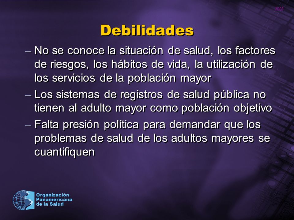 Debilidades No se conoce la situación de salud, los factores de riesgos, los hábitos de vida, la utilización de los servicios de la población mayor.