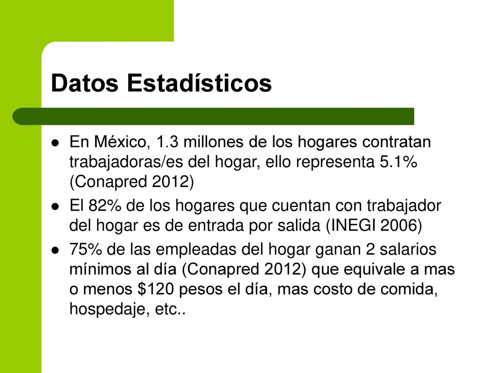 Datos Estadísticos En México, 1.3 millones de los hogares contratan trabajadoras/es del hogar, ello representa 5.1% (Conapred 2012)