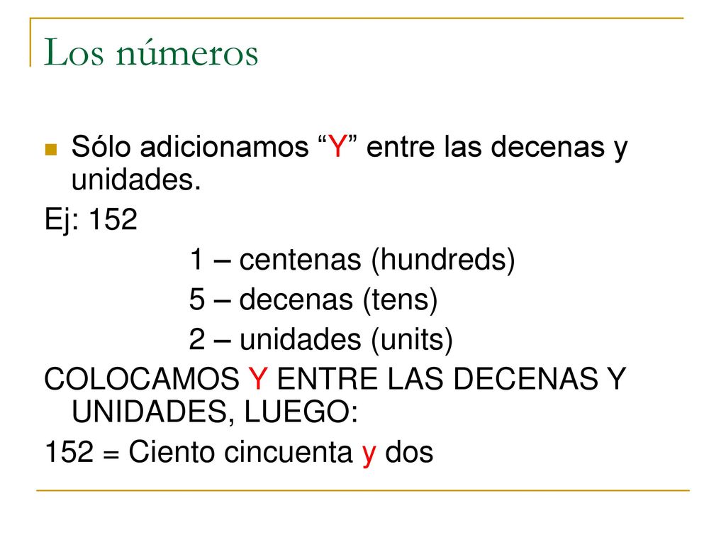 Los números Sólo adicionamos Y entre las decenas y unidades. Ej: 152
