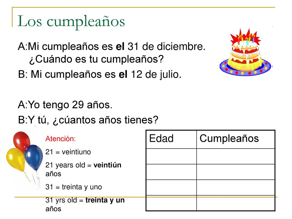 Los cumpleaños A:Mi cumpleaños es el 31 de diciembre. ¿Cuándo es tu cumpleaños B: Mi cumpleaños es el 12 de julio.