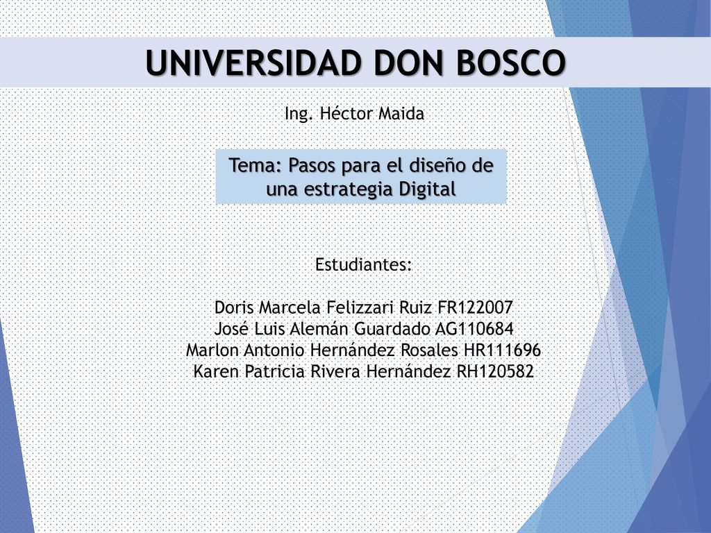 UNIVERSIDAD DON BOSCO Ing. Héctor Maida. Tema: Pasos para el diseño de una estrategia Digital. Estudiantes:
