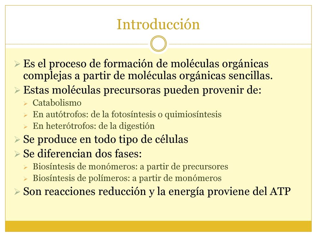 Introducción Es el proceso de formación de moléculas orgánicas complejas a partir de moléculas orgánicas sencillas.