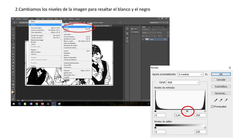 2.Cambiamos los niveles de la imagen para resaltar el blanco y el negro