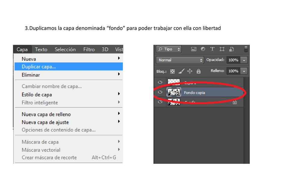 3.Duplicamos la capa denominada fondo para poder trabajar con ella con libertad