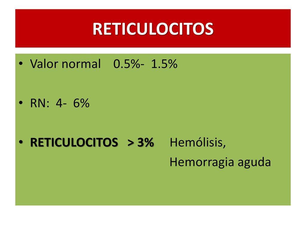 RETICULOCITOS Valor normal 0.5%- 1.5% RN: 4- 6%