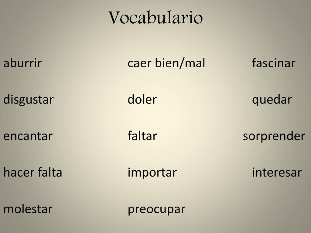 Vocabulario aburrir caer bien/mal fascinar disgustar doler quedar encantar faltar sorprender hacer falta importar interesar molestar preocupar