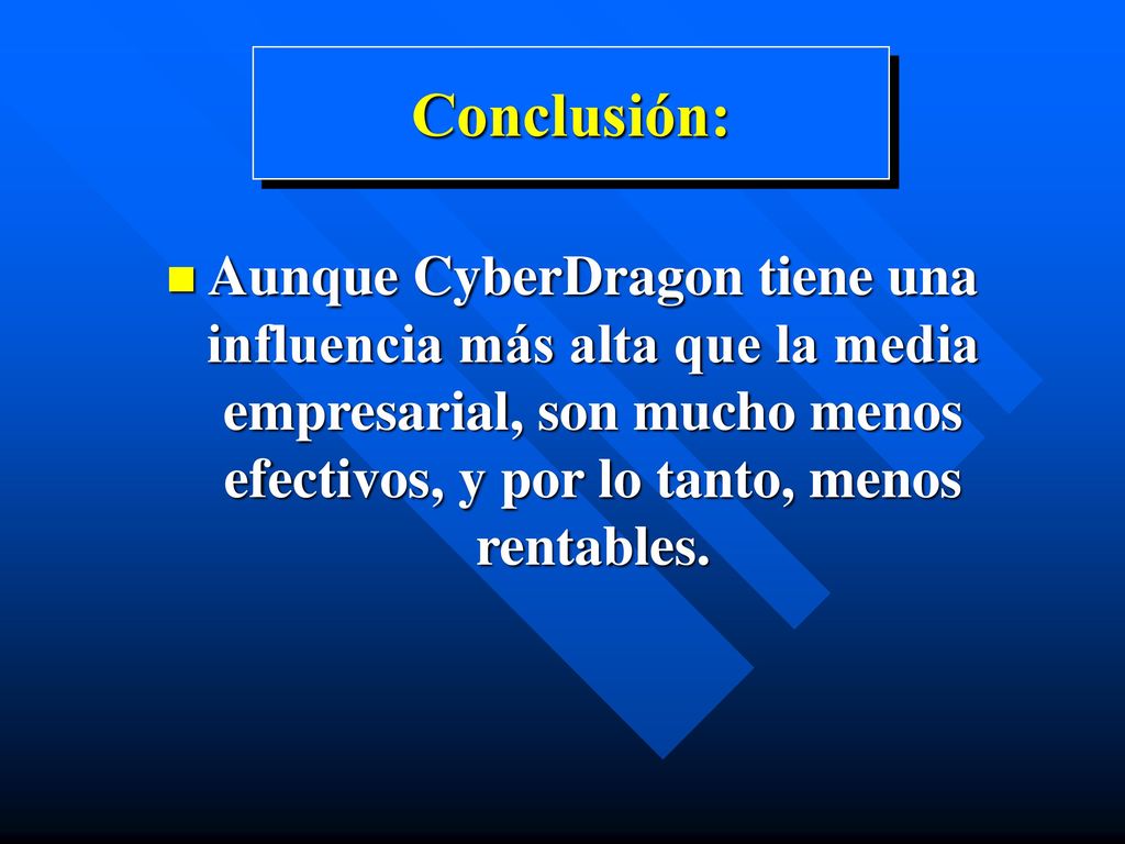 Conclusión: Aunque CyberDragon tiene una influencia más alta que la media empresarial, son mucho menos efectivos, y por lo tanto, menos rentables.