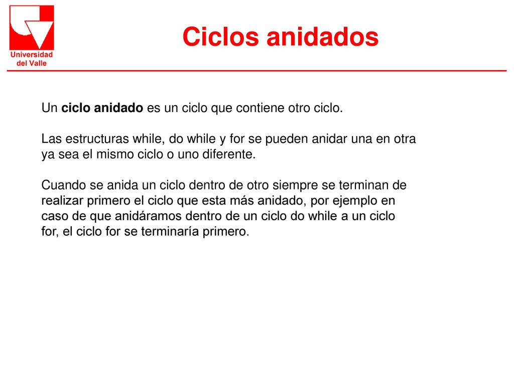 Ciclos anidados Un ciclo anidado es un ciclo que contiene otro ciclo.