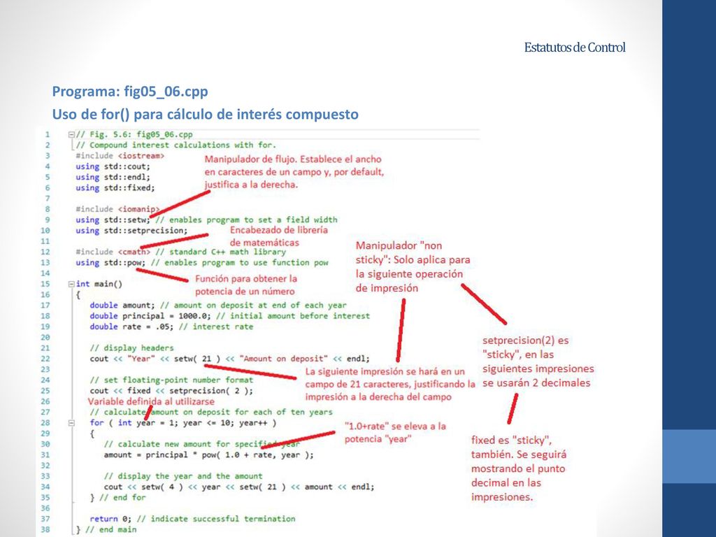 Programa: fig05_06.cpp Uso de for() para cálculo de interés compuesto