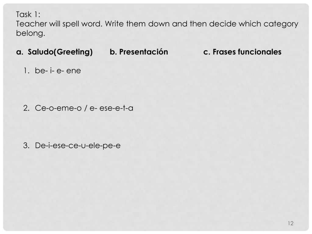 Task 1: Teacher will spell word. Write them down and then decide which category belong.