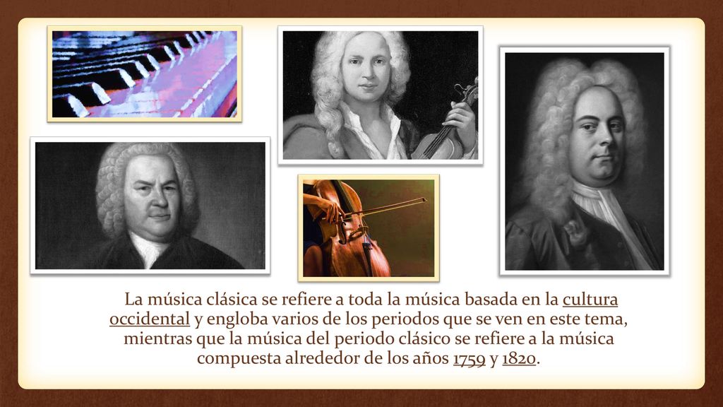 La música clásica se refiere a toda la música basada en la cultura occidental y engloba varios de los periodos que se ven en este tema, mientras que la música del periodo clásico se refiere a la música compuesta alrededor de los años 1759 y 1820.