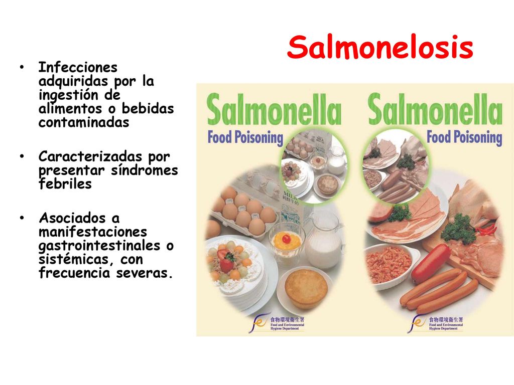 Salmonelosis Infecciones adquiridas por la ingestión de alimentos o bebidas contaminadas. Caracterizadas por presentar síndromes febriles.