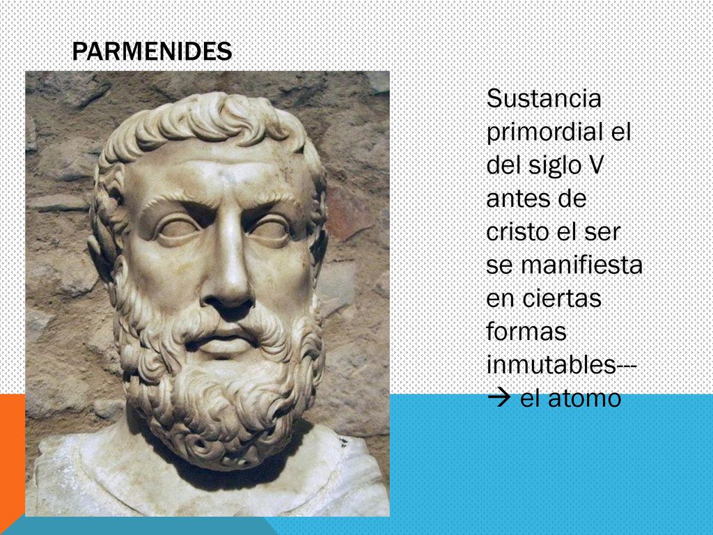 Parmenides Sustancia primordial el del siglo V antes de cristo el ser se manifiesta en ciertas formas inmutables---  el atomo.