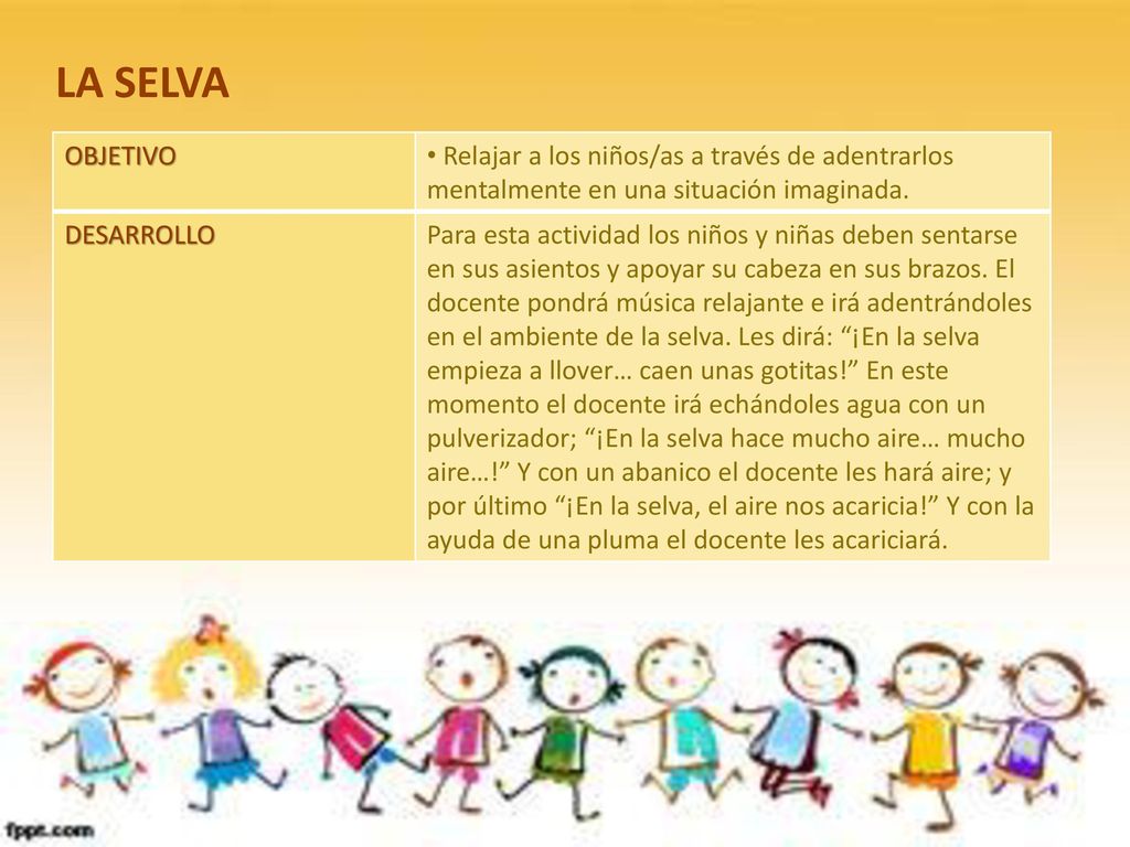 LA SELVA OBJETIVO. Relajar a los niños/as a través de adentrarlos mentalmente en una situación imaginada.
