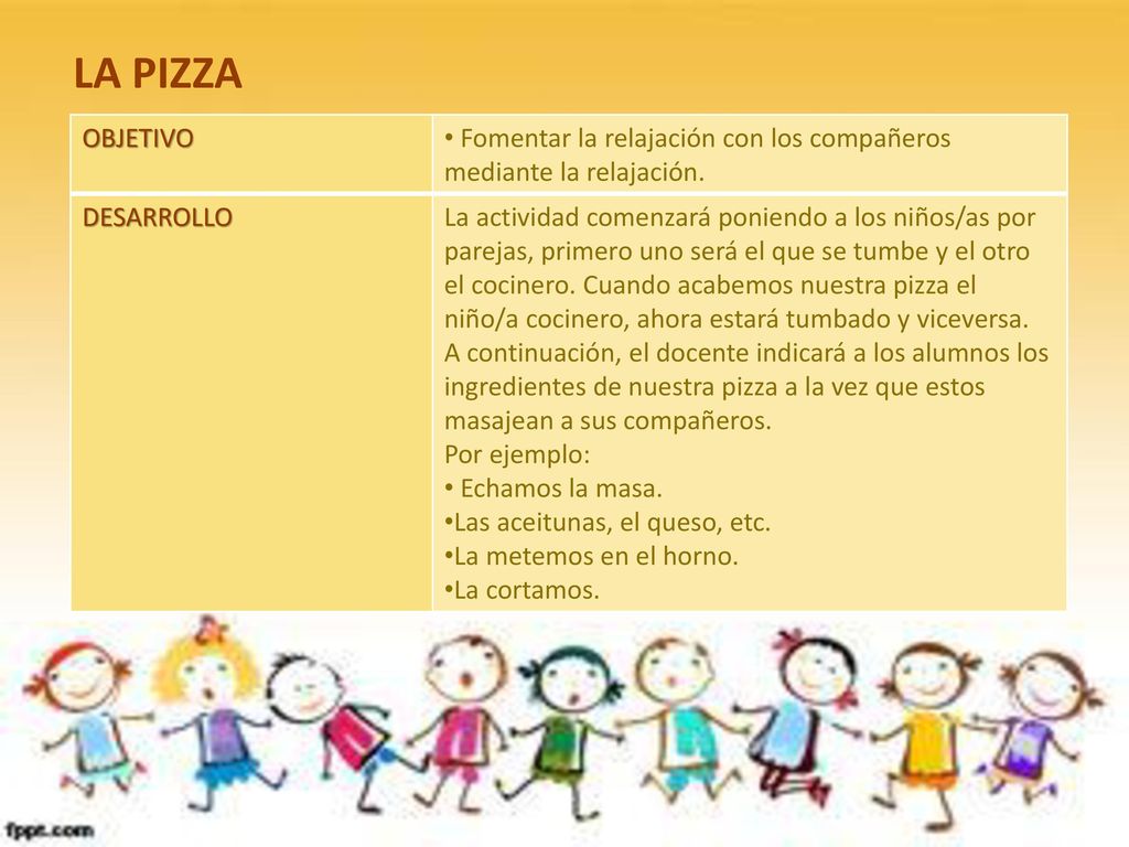 LA PIZZA OBJETIVO. Fomentar la relajación con los compañeros mediante la relajación. DESARROLLO.