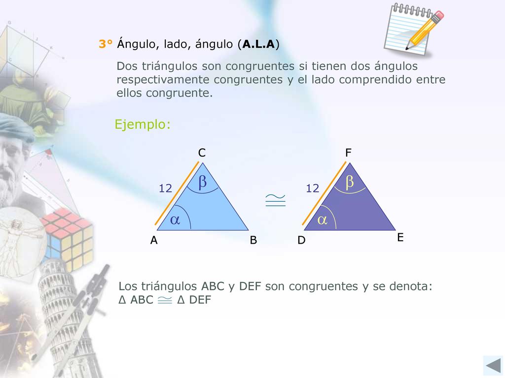 b b a a Ejemplo: 3° Ángulo, lado, ángulo (A.L.A)