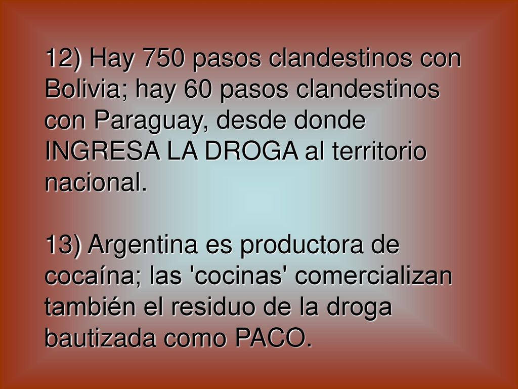 12) Hay 750 pasos clandestinos con Bolivia; hay 60 pasos clandestinos con Paraguay, desde donde INGRESA LA DROGA al territorio nacional.
