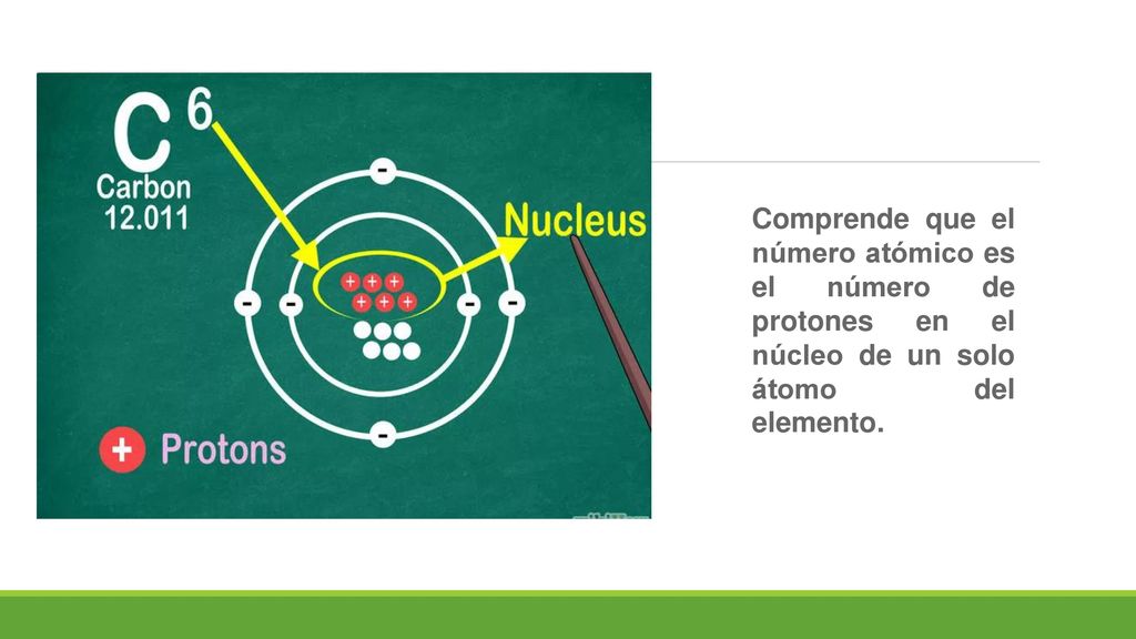 Comprende que el número atómico es el número de protones en el núcleo de un solo átomo del elemento.
