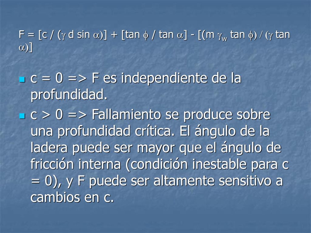F = [c / (g d sin a)] + [tan f / tan a] - [(m gw tan f) / (g tan a)]