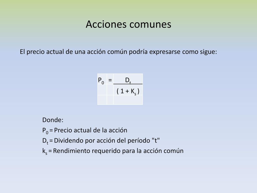 Acciones comunes El precio actual de una acción común podría expresarse como sigue: P0. = Dt.