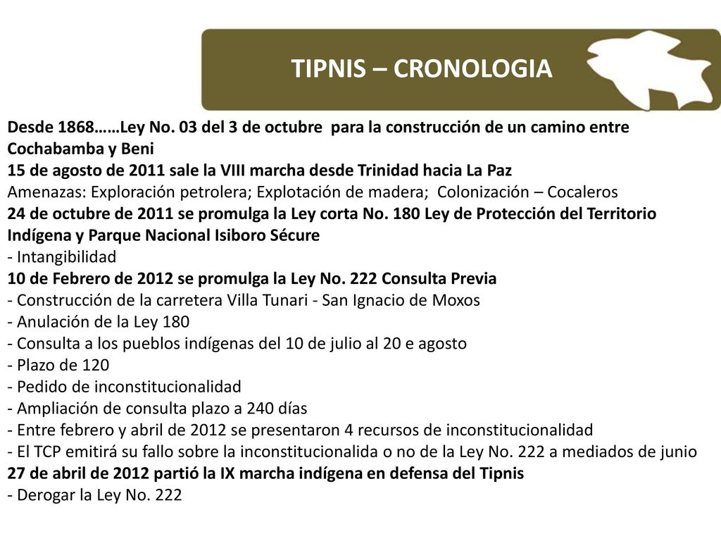 TIPNIS – CRONOLOGIA Desde 1868……Ley No. 03 del 3 de octubre para la construcción de un camino entre Cochabamba y Beni.