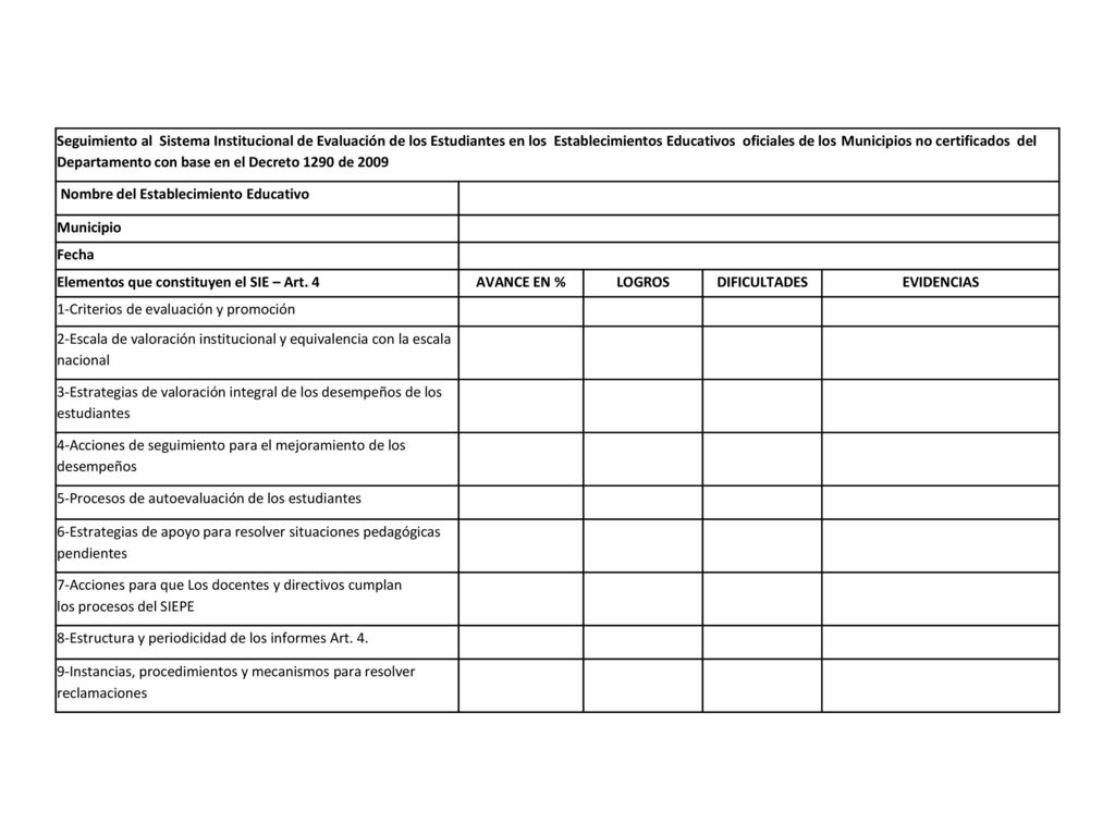 Seguimiento al Sistema Institucional de Evaluación de los Estudiantes en los Establecimientos Educativos oficiales de los Municipios no certificados del Departamento con base en el Decreto 1290 de 2009