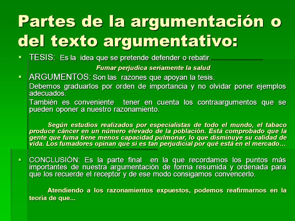 Partes de la argumentación o del texto argumentativo: