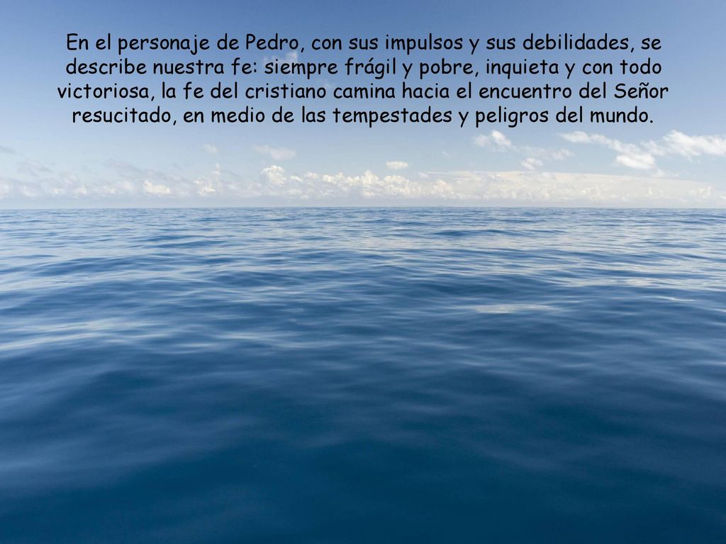 En el personaje de Pedro, con sus impulsos y sus debilidades, se describe nuestra fe: siempre frágil y pobre, inquieta y con todo victoriosa, la fe del cristiano camina hacia el encuentro del Señor resucitado, en medio de las tempestades y peligros del mundo.