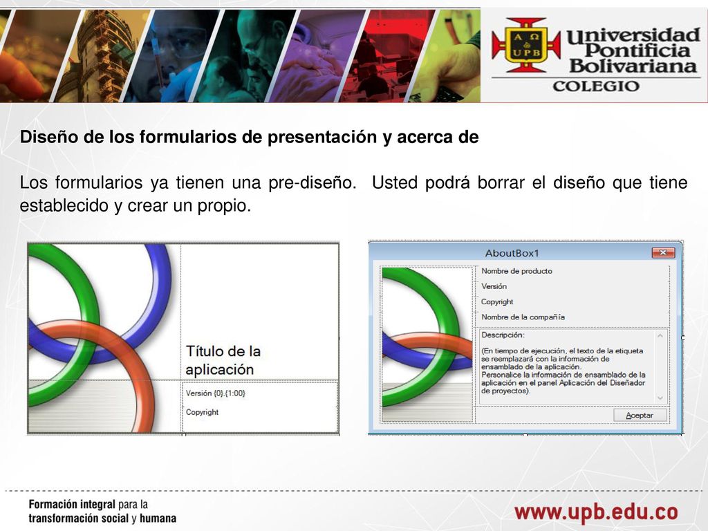 Diseño de los formularios de presentación y acerca de