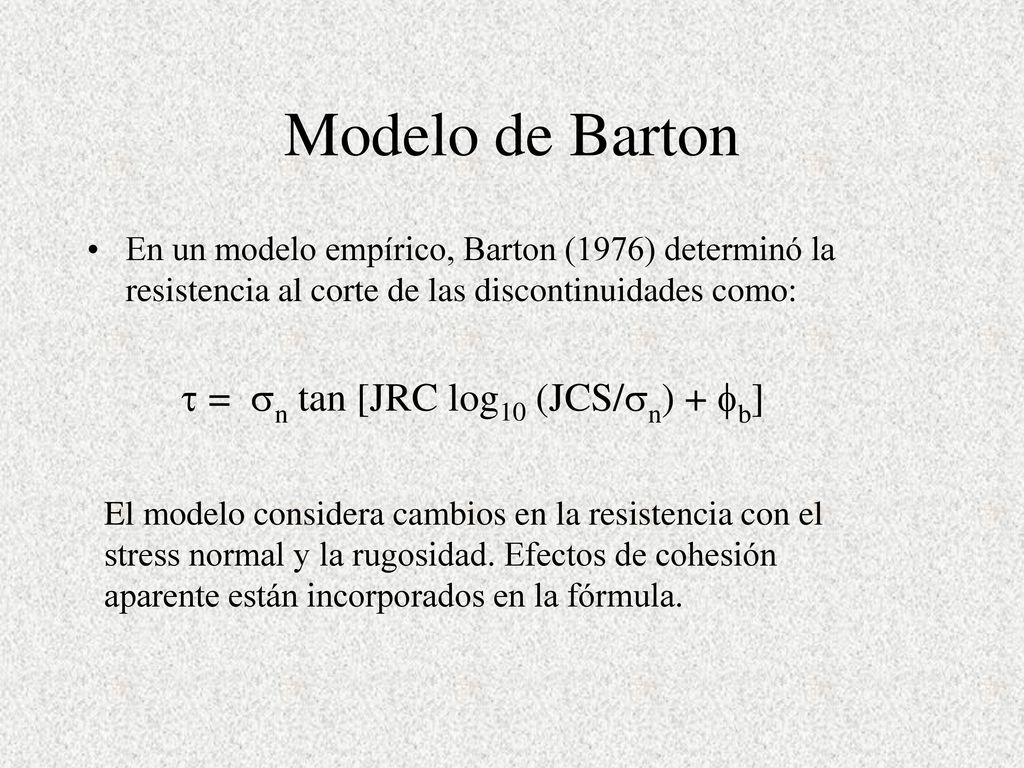 Modelo de Barton t = sn tan [JRC log10 (JCS/sn) + fb]