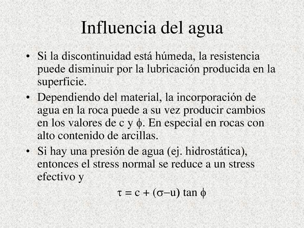 Influencia del agua Si la discontinuidad está húmeda, la resistencia puede disminuir por la lubricación producida en la superficie.