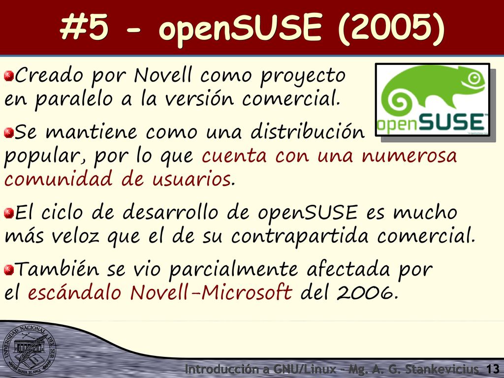 #5 - openSUSE (2005) Creado por Novell como proyecto en paralelo a la versión comercial.