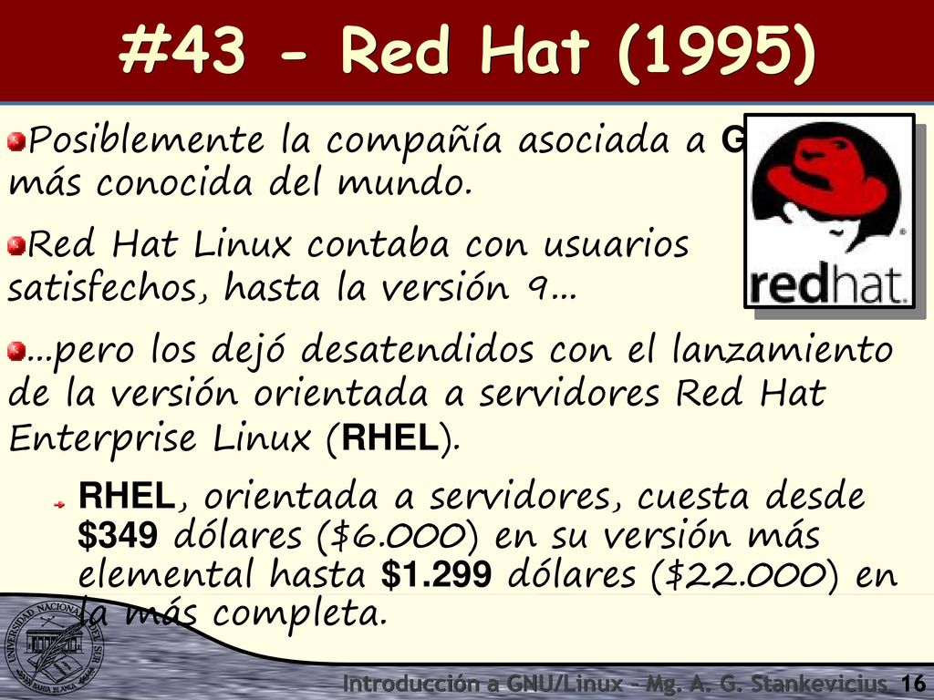 #43 - Red Hat (1995) Posiblemente la compañía asociada a GNU/Linux más conocida del mundo.