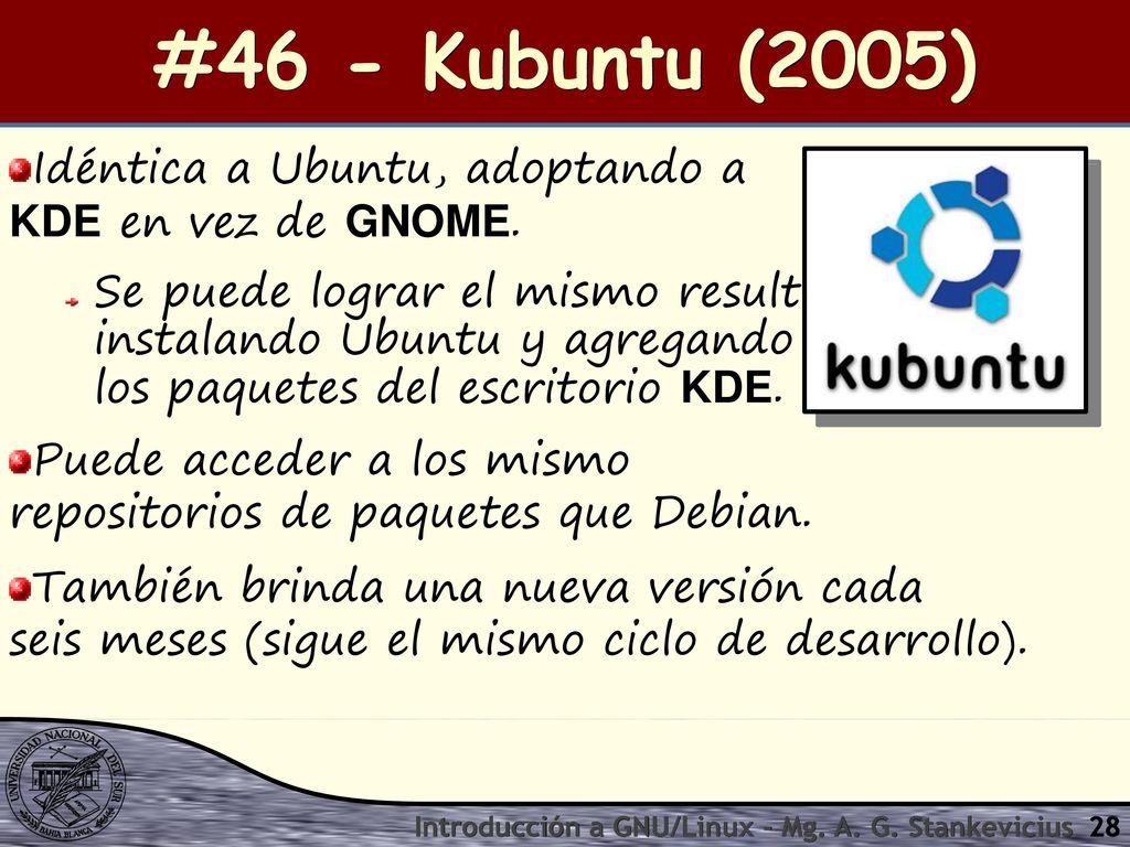#46 - Kubuntu (2005) Idéntica a Ubuntu, adoptando a KDE en vez de GNOME.