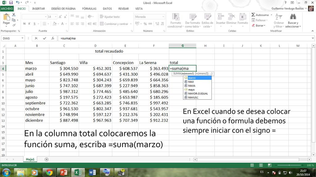 En la columna total colocaremos la función suma, escriba =suma(marzo)