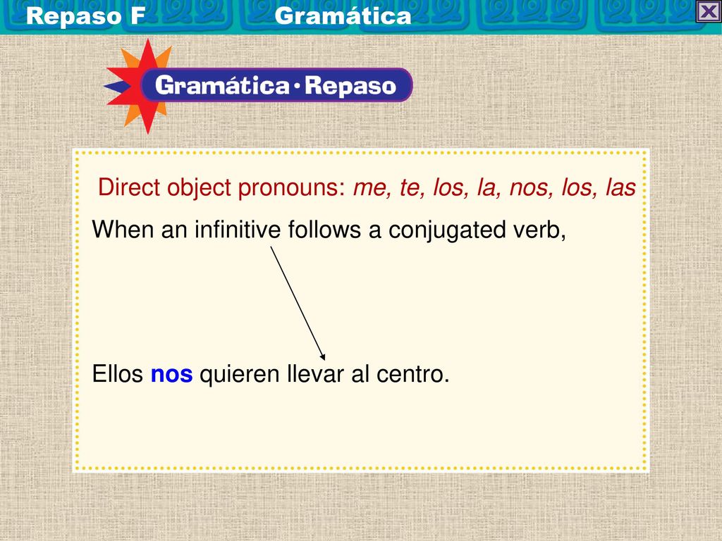 Repaso F Gramática Direct object pronouns: me, te, los, la, nos, los, las. When an infinitive follows a conjugated verb,
