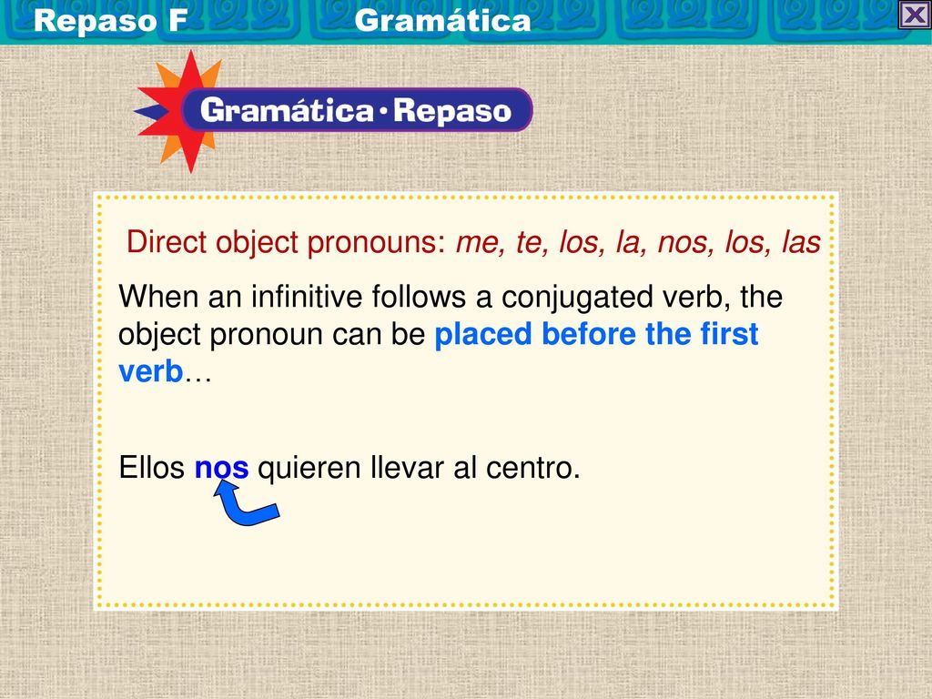 Repaso F Gramática Direct object pronouns: me, te, los, la, nos, los, las.