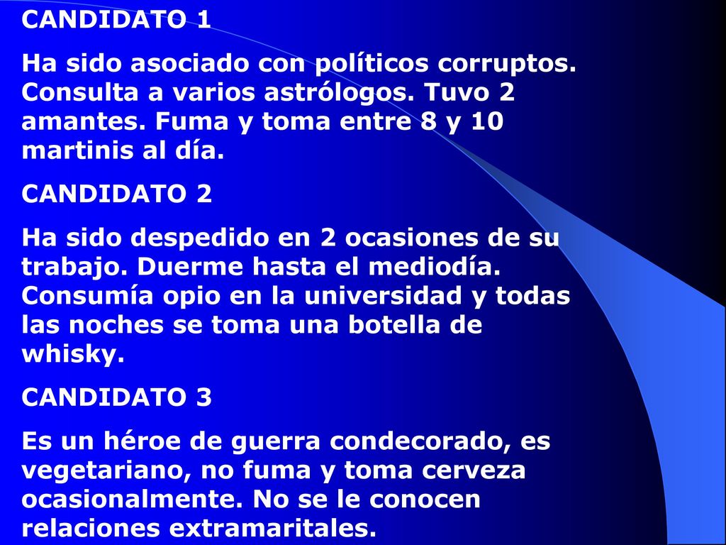 CANDIDATO 1 Ha sido asociado con políticos corruptos. Consulta a varios astrólogos. Tuvo 2 amantes. Fuma y toma entre 8 y 10 martinis al día.